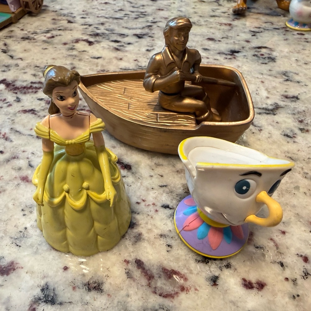 Disney Belle Yellow Dress Figurine with Gold Boat and White Chip Teacup